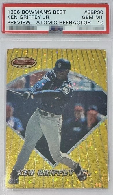 1996 Bowman's Best Preview Atomic Refractor Ken Griffey Jr. card #BBP30 in PSA 10 slab