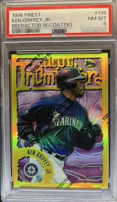 1996 Finest Refractor with coating Ken Griffey Jr. card #135 in PSA 8 slab