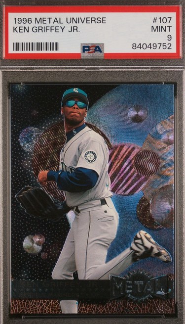 1996 Metal Universe Base #107 Ken Griffey Jr. card in PSA 9 slab