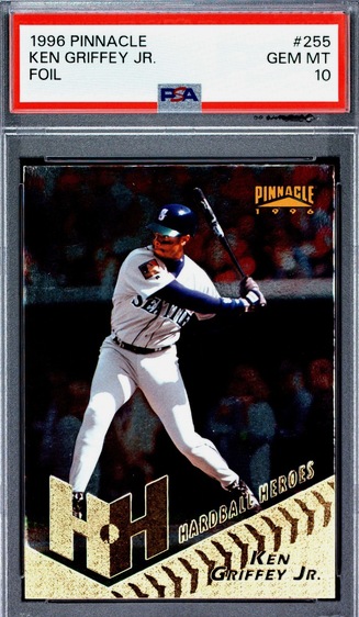 1996 Pinnacle Foil Ken Griffey Jr. Hardball Heroes card #255 in a PSA 10 slab
