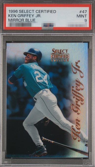 1996 Select Certified Mirror Blue /45 Ken Griffey Jr. card #47 in PSA 9 slab