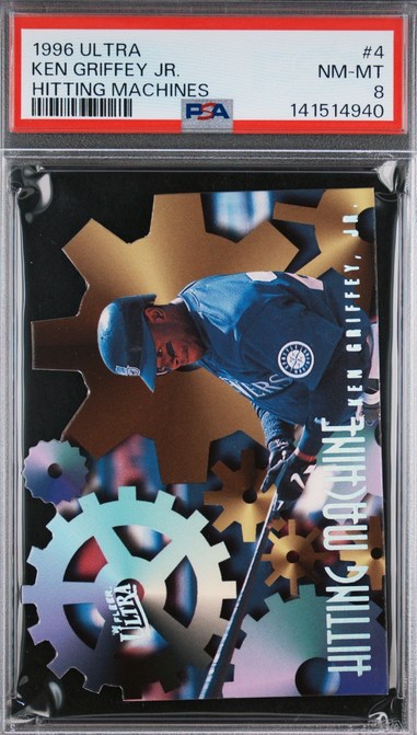 1996 Ultra Hitting Machines #4 Ken Griffey Jr. card in PSA 8 slab