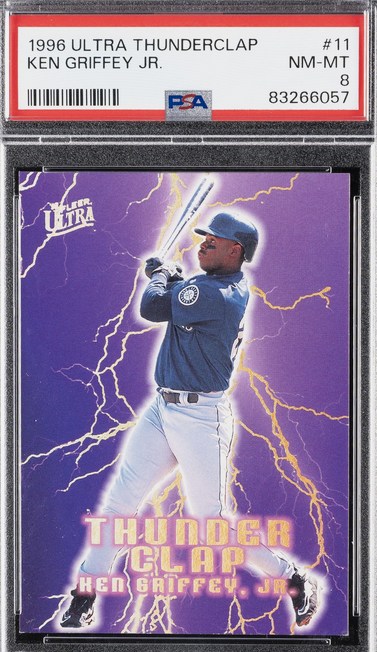 1996 Ultra Thunderclap #11 Ken Griffey Jr. card in PSA 8 slab