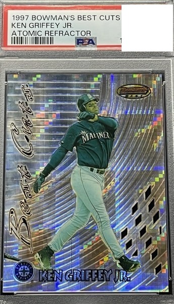 1997 Bowman's Best Cuts Atomic Refractor Ken Griffey Jr. card #BC6 in a PSA graded slab