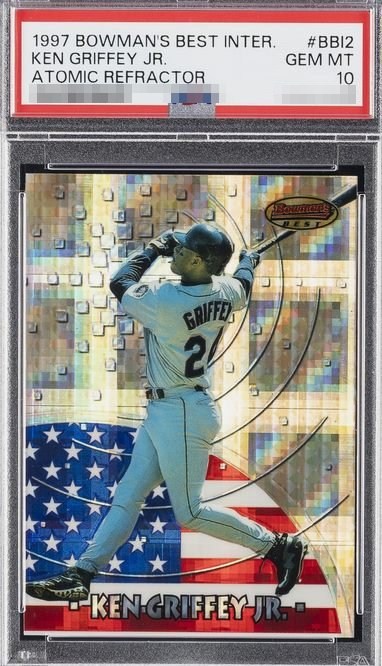 1997 Bowman's Best International Atomic Refractor Ken Griffey Jr. card #BBI2 in PSA 10 slab