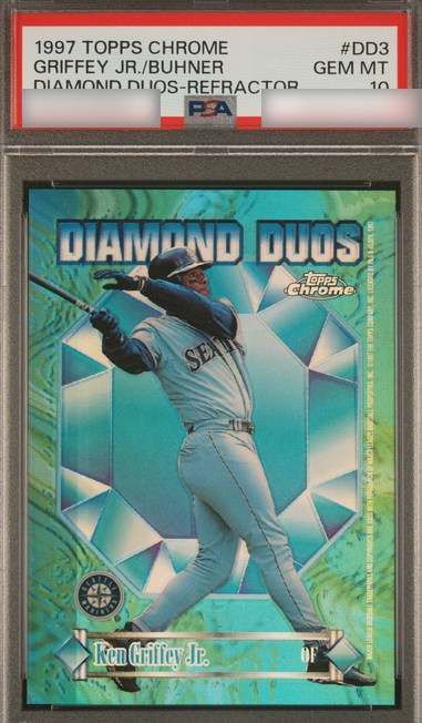 1997 Topps Chrome Diamond Duos Refractor Ken Griffey Jr. / Jay Buhner card #DD3 in PSA 10 slab