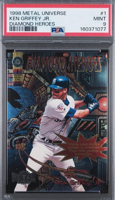 1998 Metal Universe Diamond Heroes Ken Griffey Jr. insert card #1DH in PSA 9 slab
