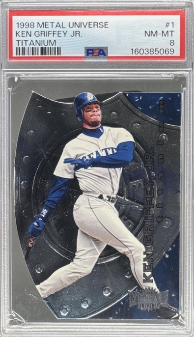 1998 Metal Universe Titanium Ken Griffey Jr. card #1 in a PSA 8 slab