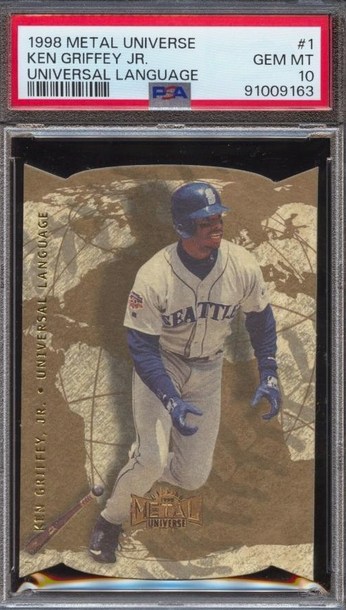 1998 Metal Universe Universal Language Ken Griffey Jr. insert card #1 in PSA 10 slab