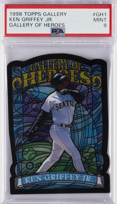 1998 Topps Gallery of Heroes Ken Griffey Jr. stained-glass die-cut card #GH1 in a PSA 9 slab