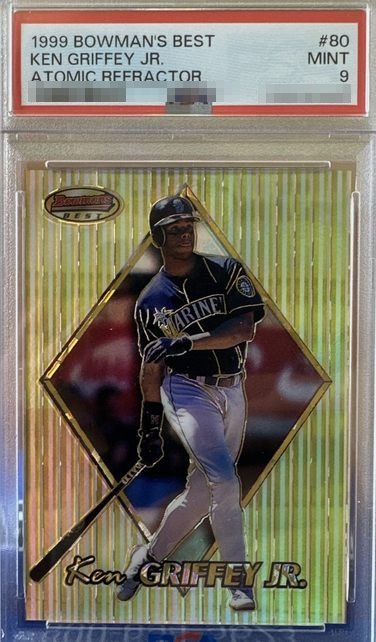 1999 Bowman's Best Atomic Refractor /100 Ken Griffey Jr. card #80 in PSA 9 slab