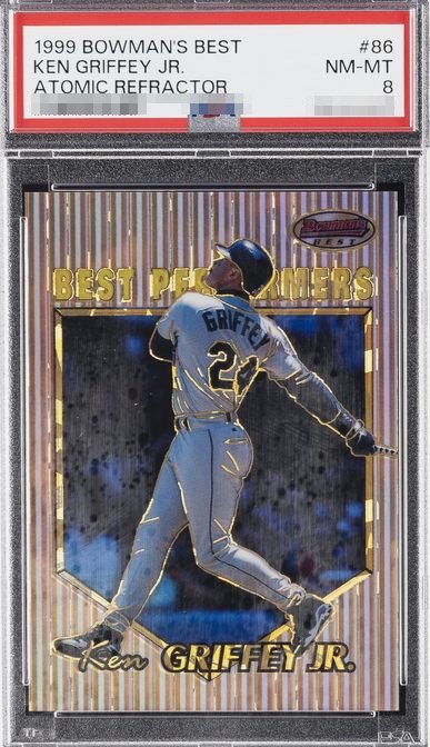 1999 Bowman's Best Atomic Refractor /100 Ken Griffey Jr. Best Performers card #86 in PSA 8 slab