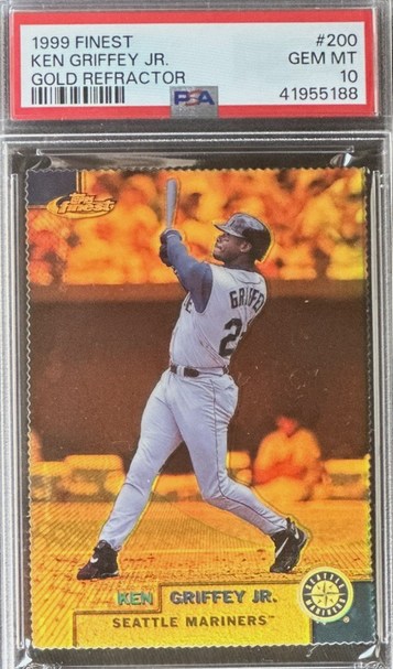 1999 Finest Gold Refractor Ken Griffey Jr. card #200 in a PSA 10 slab