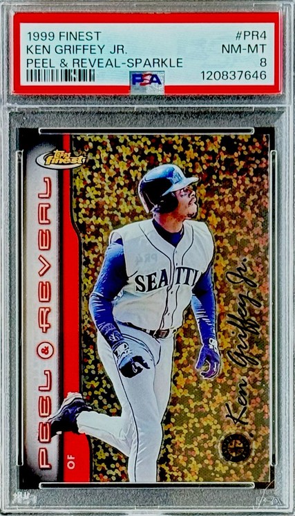 1999 Finest Peel and Reveal Sparkle #PR4 Ken Griffey Jr. card in PSA 8 slab